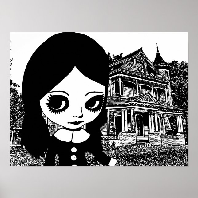 Big eye Goth Girl Spuk Haus Original Kunst Poster (Vorne)
