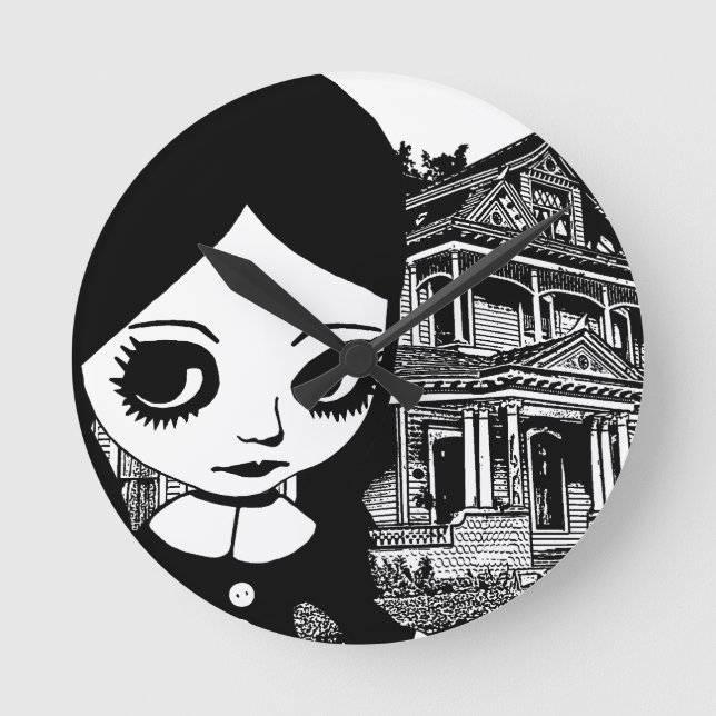 Big eye Goth Girl Spuk Haus Original Kunst Runde Wanduhr (Vorderseite)