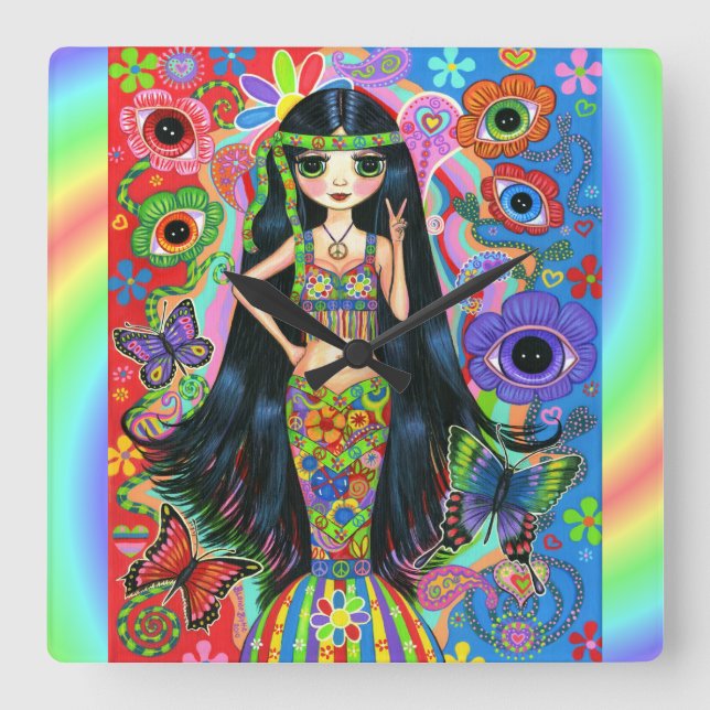 Big Eye Hippie Mermaid Girl Peace Sign Zeichen 196 Quadratische Wanduhr (Vorderseite)