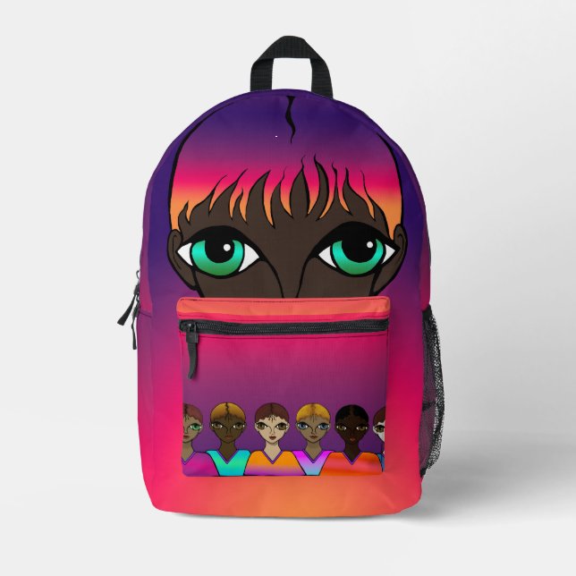 Big Eyes Orange & Lila Bedruckter Rucksack (Vorderseite)
