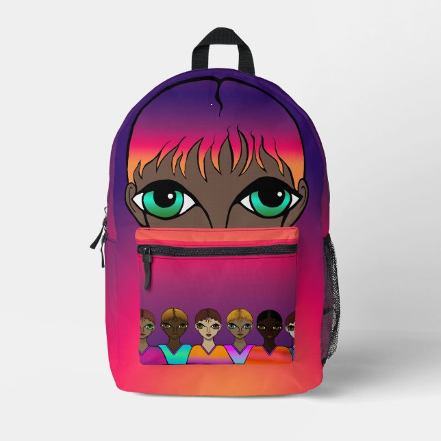 Big Eyes Orange & Lila Bedruckter Rucksack (Vorderseite)