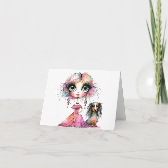 Big Eyes Whimsical Dachshund et carte fille (Devant)