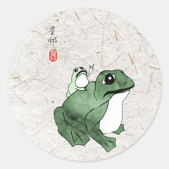 Big Frog Little Japanischer Frog Toad 19. Jahrhund Runder Aufkleber (Vorderseite)