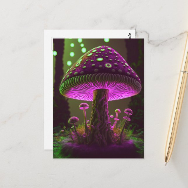 Big Glowy Mushroom - Green & Fuchsia Postkarte (Vorderseite/Rückseite Beispiel)