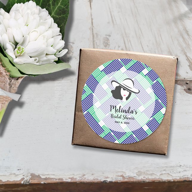 Big Hat Derby Brautparty Blue und Green Stripes Runder Aufkleber (Big hat Derby bridal shower 3" stickers (1-1/2" available, too))