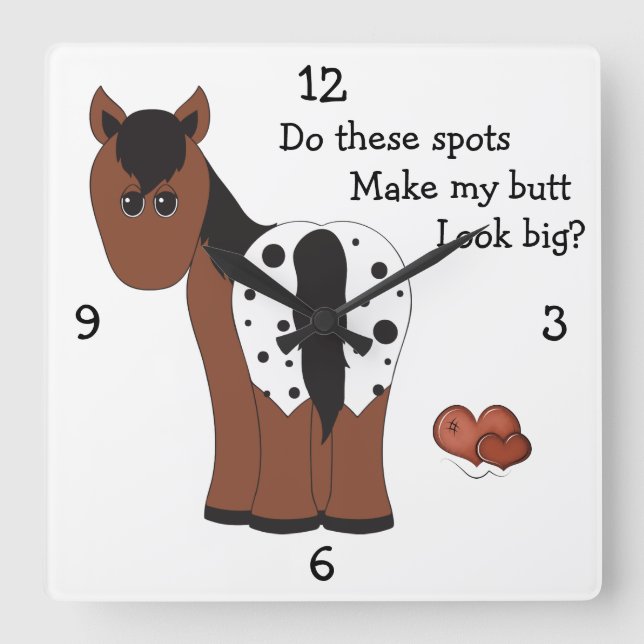 Big Hintern Apple Horse Wall Clock Quadratische Wanduhr (Vorderseite)