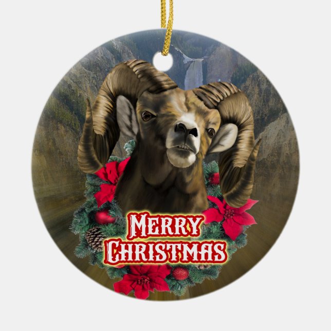 Big Horn Ram Weihnachten Keramik Ornament (Vorne)