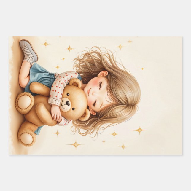Big Hugs - Niedlicher Girl Hugging Teddy Bär Geschenkpapier Set (Vorderseite)