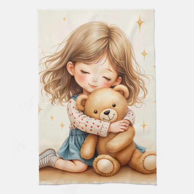 Big Hugs - Niedlicher Girl Hugging Teddy Bär Geschirrtuch (Vertikal)
