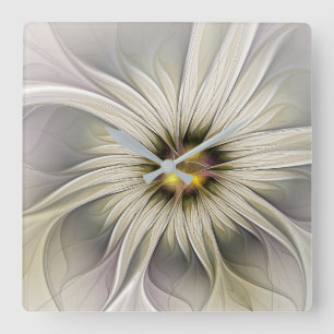 Big Ivory Flower, Abstract Modern Fractal Art Quadratische Wanduhr