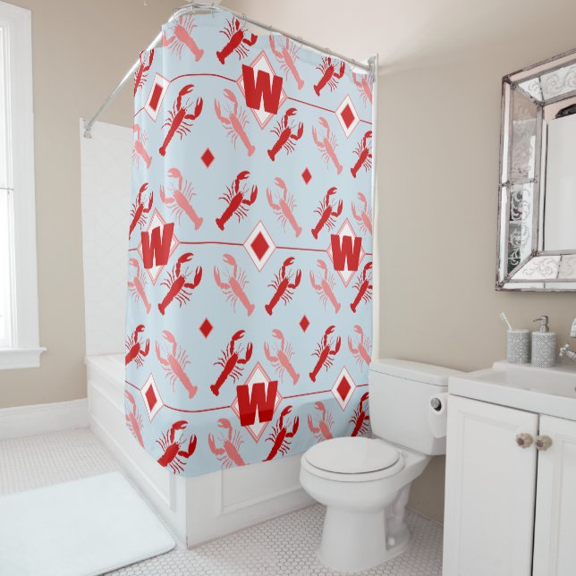Big Lobster & Red Monogram | Coastal Beach House Duschvorhang (Beispiel)