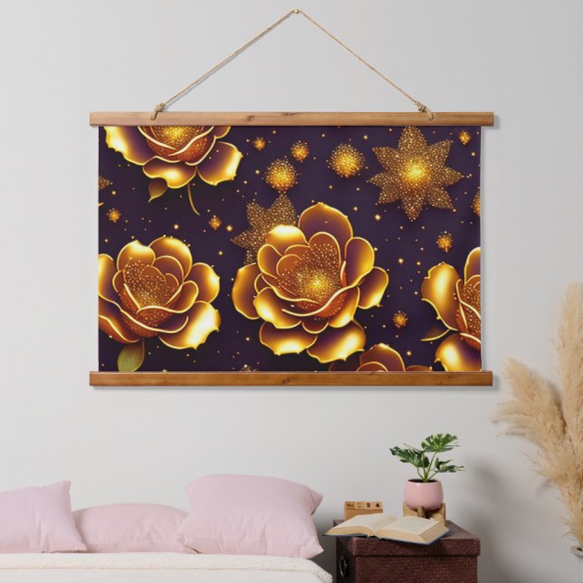 Big Luxus Gold Rose Moderne Kollektion Wandteppich Mit Holzrahmen (Schlafzimmer)