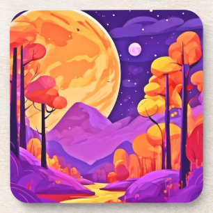 Big Moon & Cartoon Bäume Kunst Getränkeuntersetzer