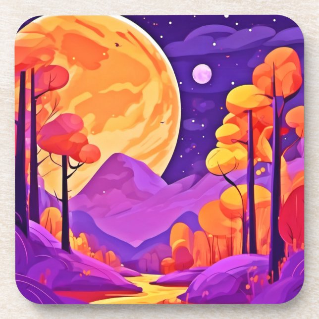 Big Moon & Cartoon Bäume Kunst Getränkeuntersetzer (Vorderseite)