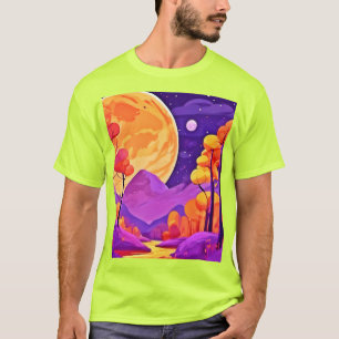 Big Moon & Cartoon Bäume Kunst T-Shirt