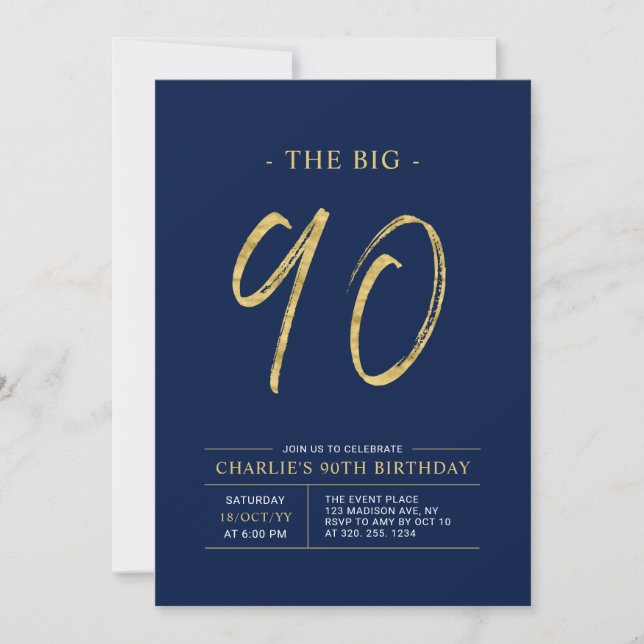 Big Ninety | Gold & Navy Blue 90th Birthday Party Einladung (Vorderseite)