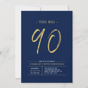 Big Nneunzig   Gold & Navy Blue 90. Geburtstagspar Einladung