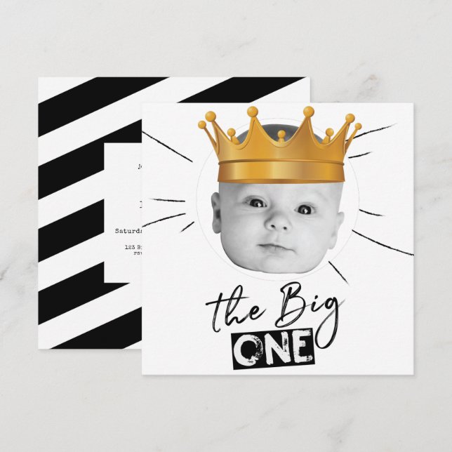 Big One First Birthday Foto Schwarz-weiß Einladung (Vorne/Hinten)