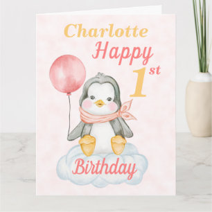 Big Penguin Joyeux 1er Anniversaire Carte rose
