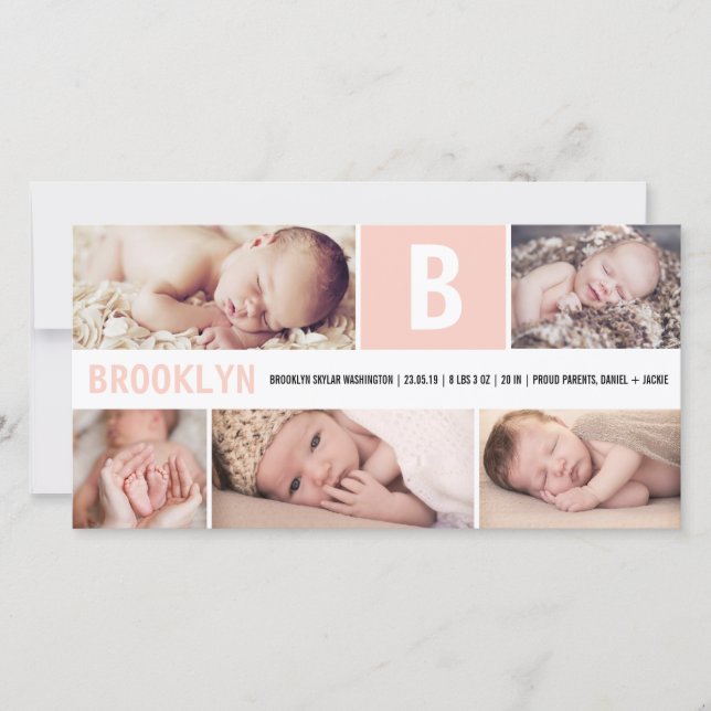 Big Pink Baby Monogram 5 Multi Foto Birth Ankündigung (Vorderseite)