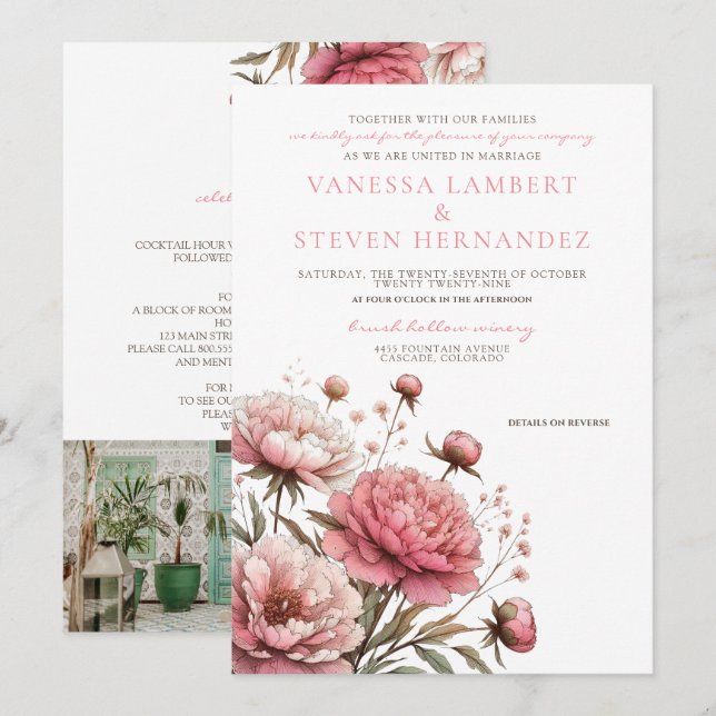 Big Pink Blooms Hochzeit Einladung (Vorne/Hinten)