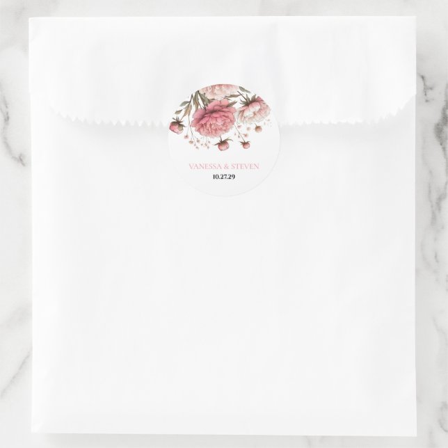 Big Pink Blooms Hochzeit Runder Aufkleber (Tasche)