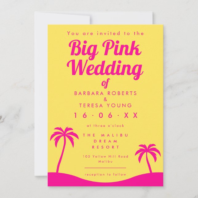 Big Pink Wedding Barbiecore Trendy Yellow Beach Einladung (Vorderseite)