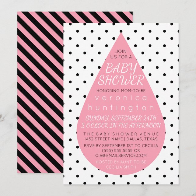 Big Raindrop & Polka Dots Pink Baby Dusche Einladung (Vorne/Hinten)