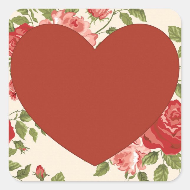 Big Red Heart und Blume Background Square Sticke Quadratischer Aufkleber (Vorderseite)