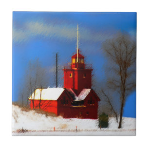 Big Red Lighthouse Malerei - Originelle Kunst Fliese