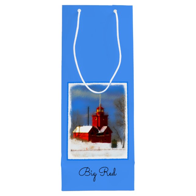 Big Red Lighthouse Malerei - Originelle Kunst Geschenktüte Für Weinflaschen (Rückseite)