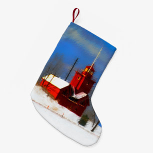 Big Red Lighthouse Malerei - Originelle Kunst Kleiner Weihnachtsstrumpf