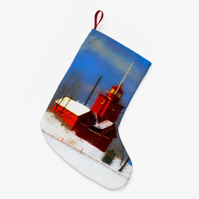 Big Red Lighthouse Malerei - Originelle Kunst Kleiner Weihnachtsstrumpf (Vorderansicht (hängend))