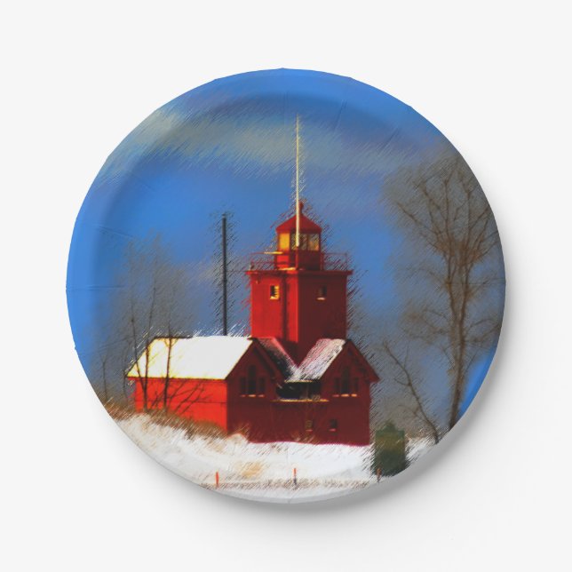 Big Red Lighthouse Malerei - Originelle Kunst Pappteller (Vorderseite)
