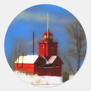 Big Red Lighthouse Malerei - Originelle Kunst Runder Aufkleber
