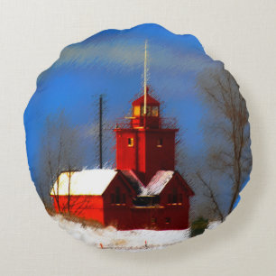 Big Red Lighthouse Malerei - Originelle Kunst Rundes Kissen