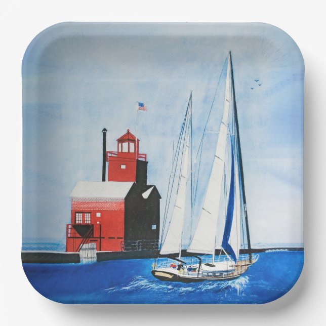 Big Red Michigan Lighthouse und Sailboat Pappteller (Vorderseite)