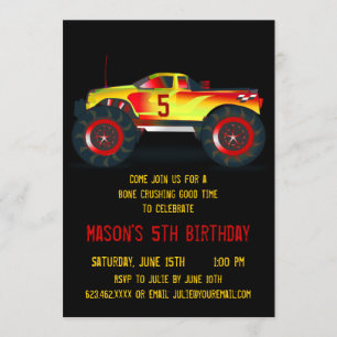 Big Red Monster Truck Invitations de fête d'annive