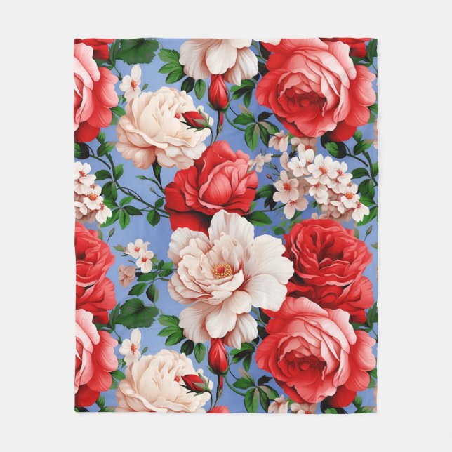 Big Retro Rote Rose Blume Fleecedecke (Vorderseite)