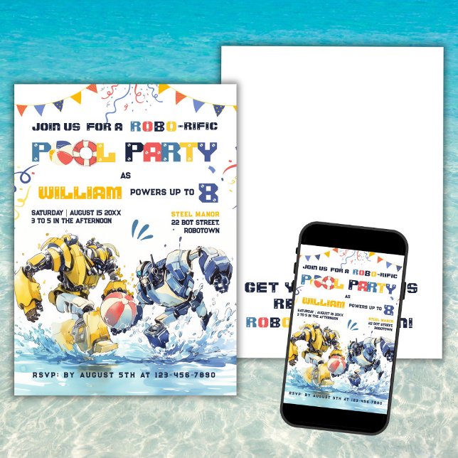 Big Robots Pool Party Invitation d'anniversaire (Créateur téléchargé)
