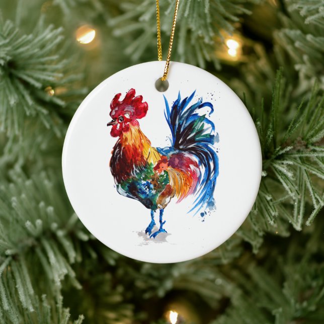 Big Rooster Watercolor Keramik Ornament (Baum)
