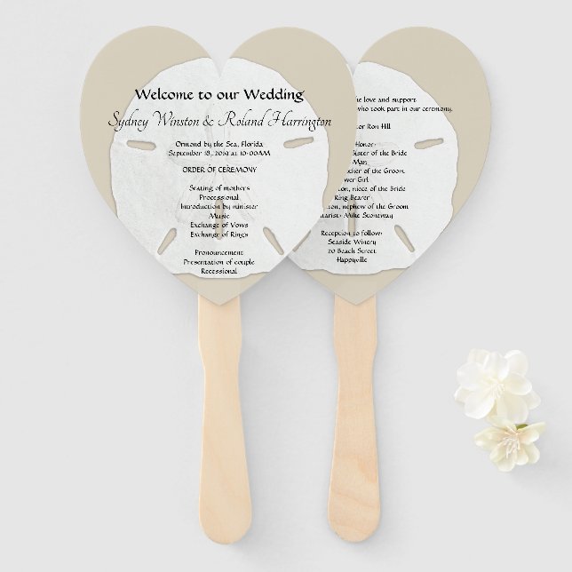 Big Sand Dollars Herz-Shaped Wedding Fan Programm Fächer (Vorne und Hinten)