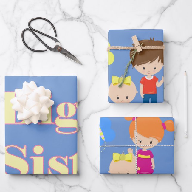 Big Sister Big Brother Sibling Blue Geschenkpapier Set (Vorderseite)