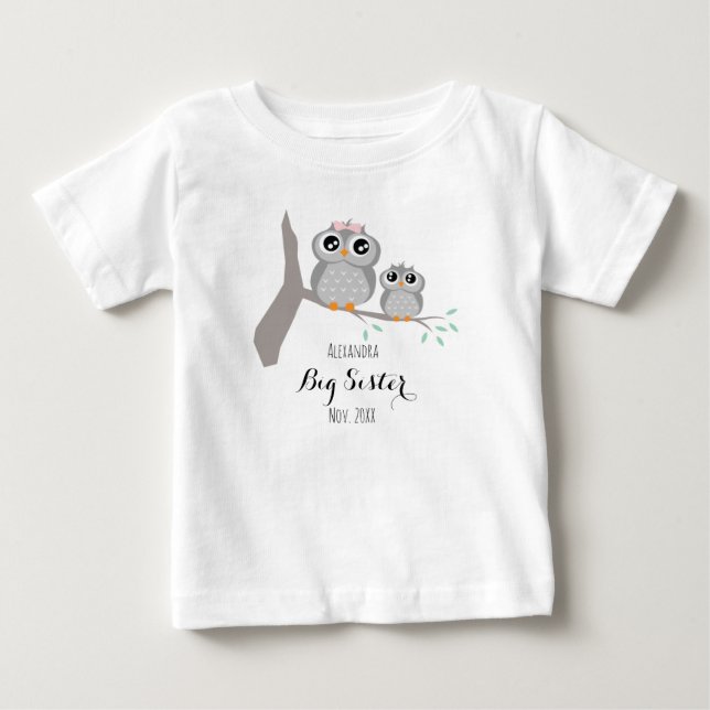 Big sister cute owls name and date baby t-shirt (Vorderseite)