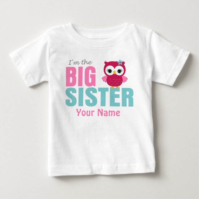 Big Sister Pink Owl Personalisiert T Shirt (Vorderseite)