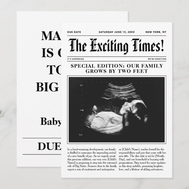 Big Sister Pregnancy Announcement Zeitung Ankündigung (Vorne/Hinten)
