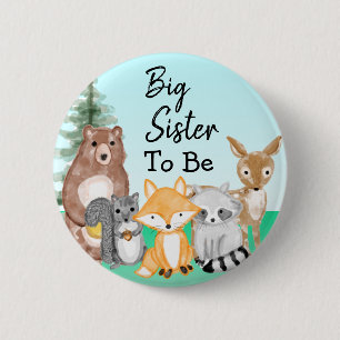 Big Sister To Be Woodland Creatures Baby Shower Button