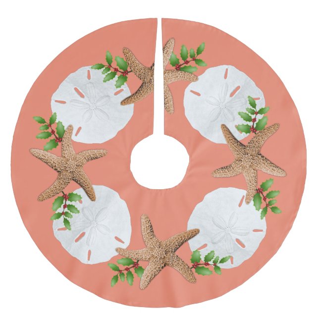 Big Starfish Sand Dollars Holly Blätter Baumrock Polyester Weihnachtsbaumdecke (Vorderseite)