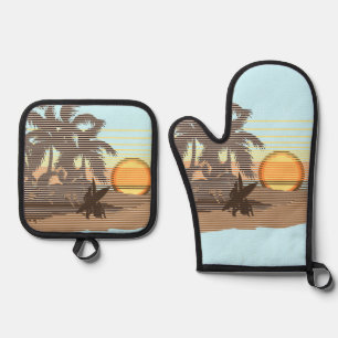 Big Sunset Hawaiian Strike Surfer - Aqua & Brown Ofenhandschuh & Topflappen-Set