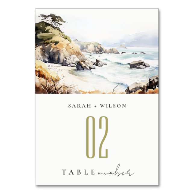 Big Sur, California Watercolor Landscape Wedding Tischnummer (Vorderseite)